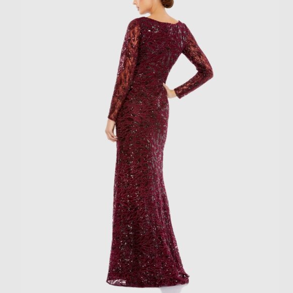 Mac Duggal 12412 Size 14 Red Long Sleeve Ruched‎ Sequined V-Neck Maxi Gown Dress - Picture 5 of 5